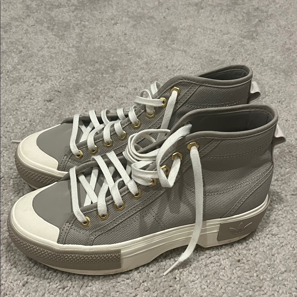 Adidas Women's Gray and White High-Top Sneakers